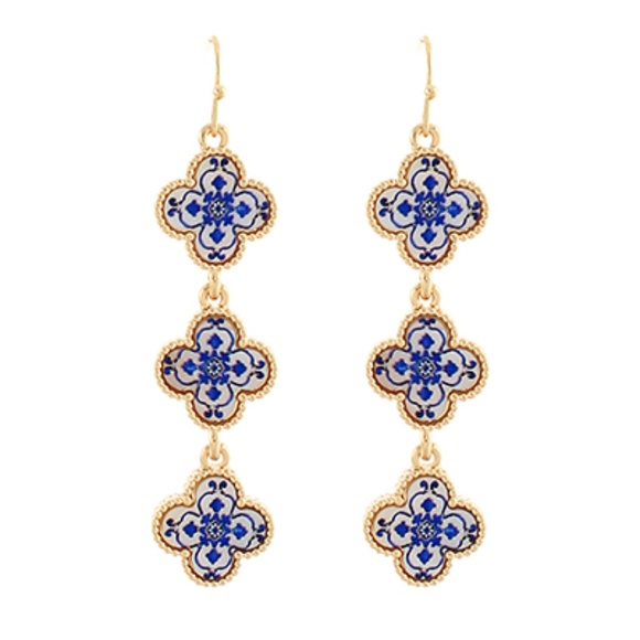 Blue Patterned Clover 3 Linear Earrings - Picture 1 of 1